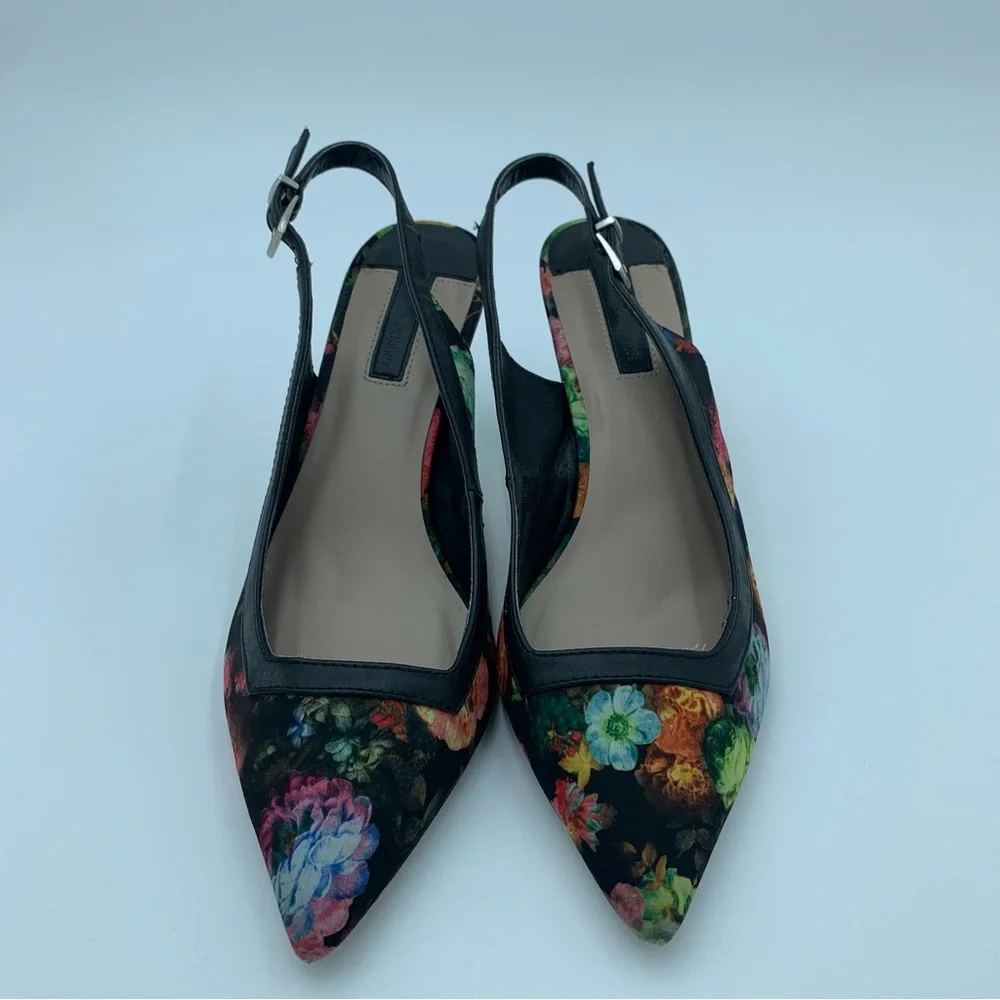 Dorothy Perkins Black Floral Sling Back Shoes Stiletto Heels Faux Leather UK 7 - Picture 7 of 13